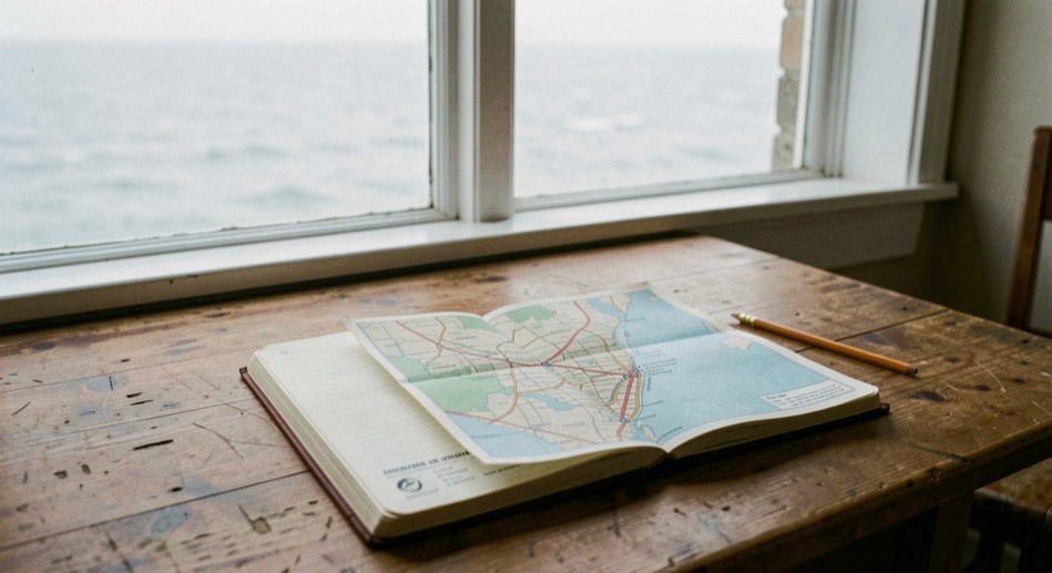 Open notebook, folded walking map and a pencil on a wooden table beside a window looking out to a grey sea