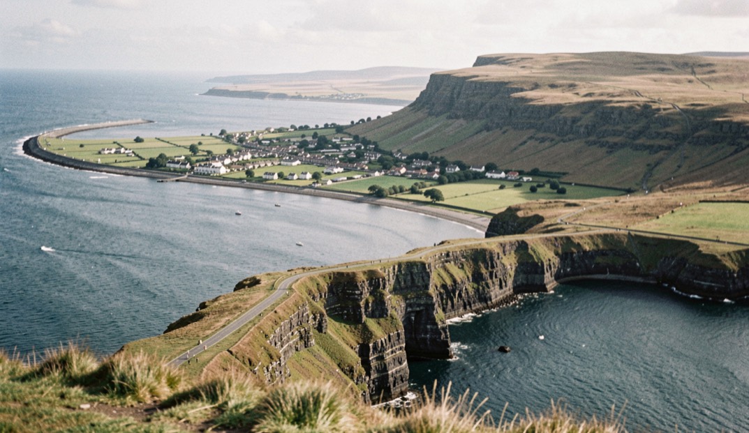 High view along a curving coastline with a river mouth town in the distance and moorland rising inland behind the cliffs