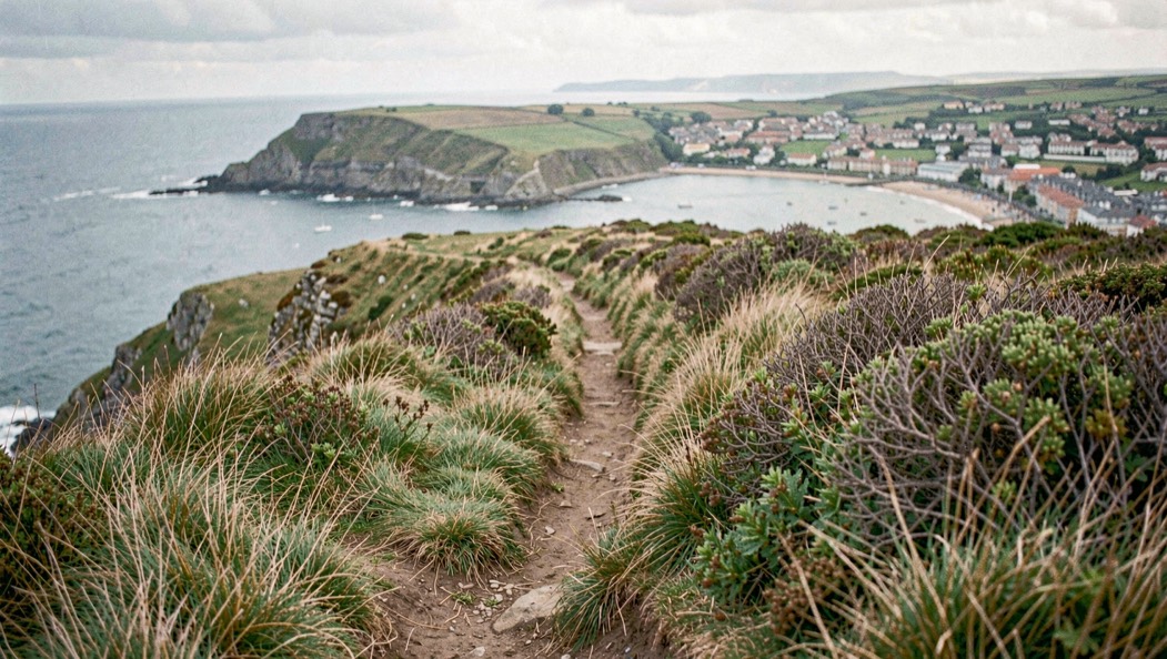Cliff top footpath worn through rough grass and thrift, running above a wide bay with a town along the shore beyond