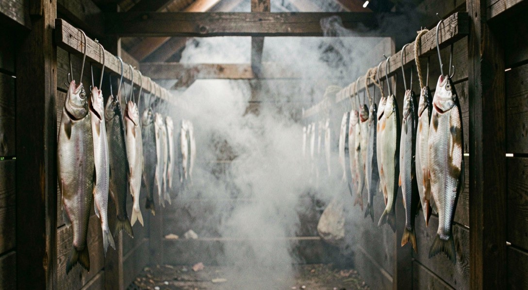 Herrings hanging in rows on hooks inside a dark timber smokehouse with pale smoke drifting between them