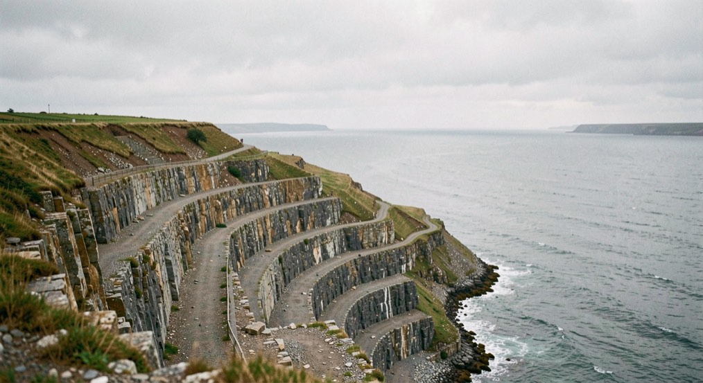 Weathered shale terraces of an old alum quarry stepping down a cliff face towards a grey sea under low cloud