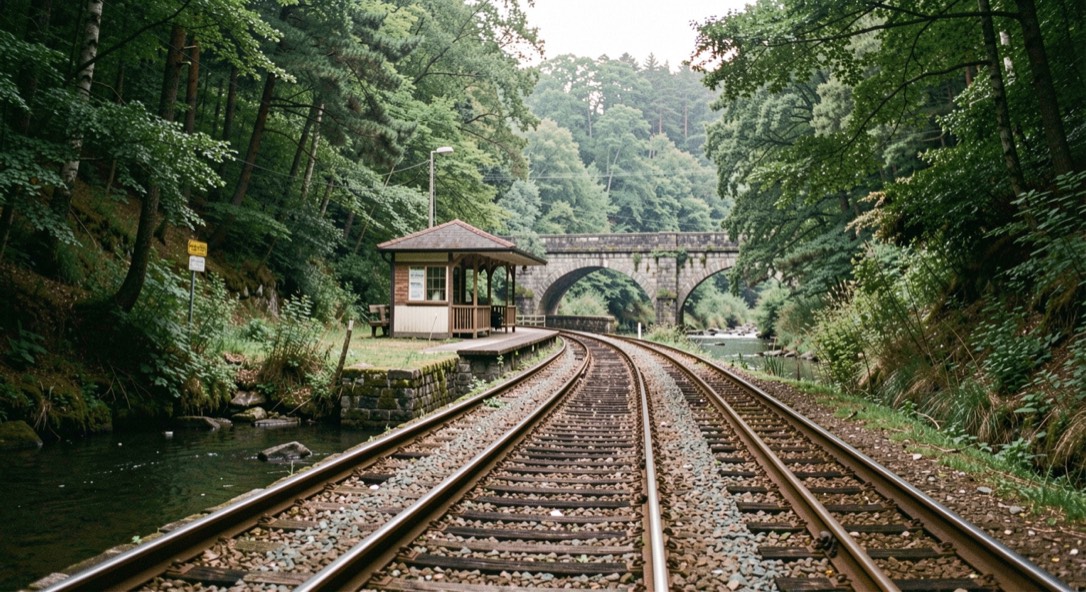 Single track railway curving along a wooded river valley with a small unstaffed platform and a stone bridge behind