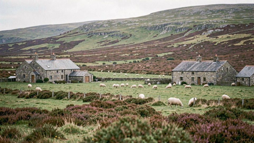 Stone cottages spread around open moorland grazing with sheep on the green and heather covered hills beyond