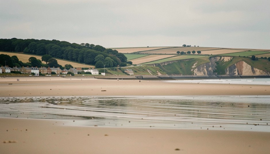 Wide sand at Sandsend at low tide with the wooded valley behind the village and the cliffs running south towards Whitby