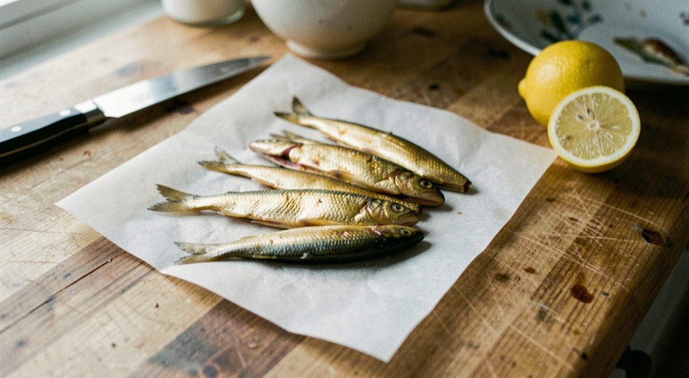 Whole fresh herring laid on greaseproof paper on a scrubbed wooden counter beside a knife and a halved lemon