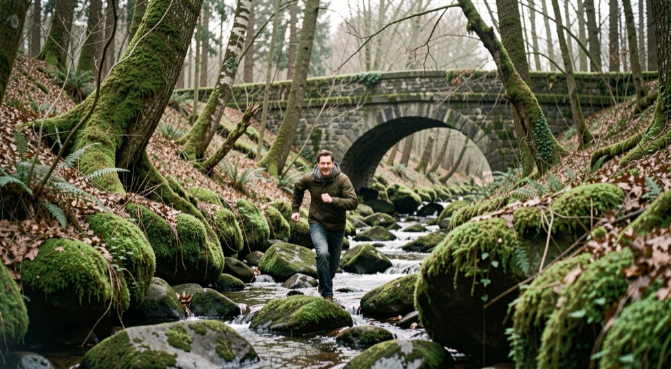 Beck running over stones through deep broadleaf woodland with mossy banks and a stone bridge arch in the background