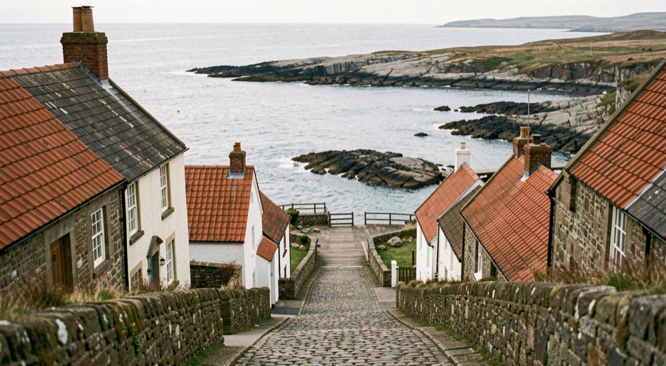 Steep cobbled street of red roofed cottages descending between stone walls towards a slipway and a wide rocky bay