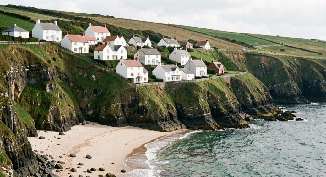 Cluster of white and red roofed cottages climbing a steep green cliff above a curved sandy bay at Runswick