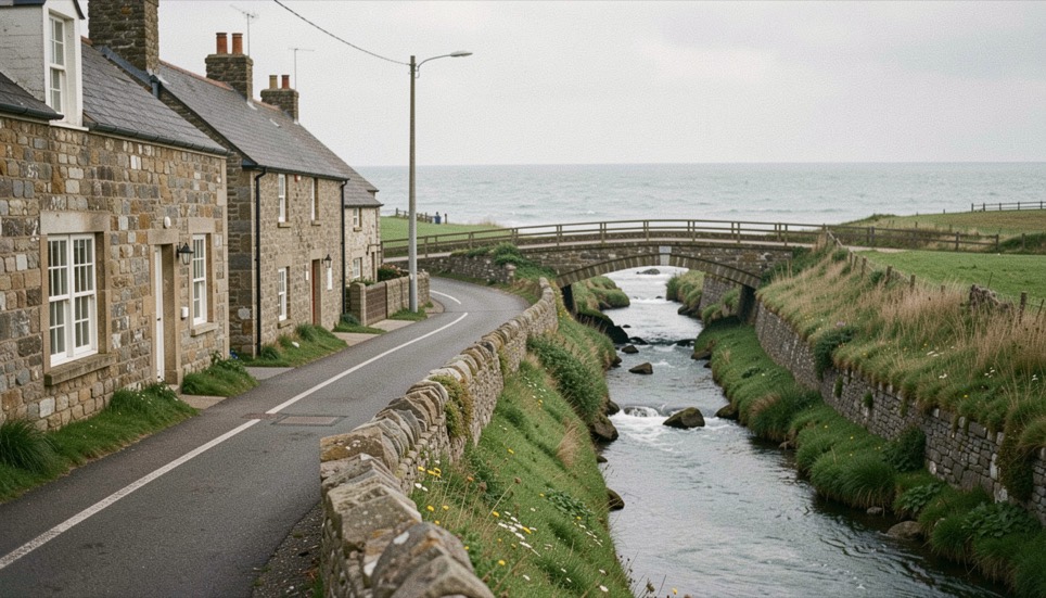 Stone cottages along a narrow street beside a beck running under a low bridge towards the sea at Sandsend