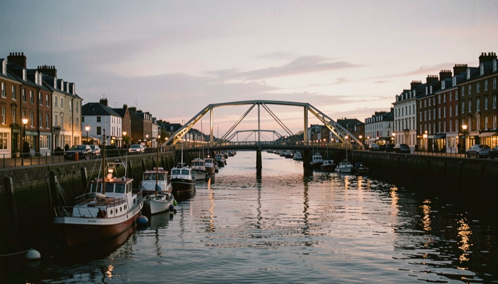 Whitby harbour at dusk with the swing bridge, moored boats on the Esk and lit houses climbing both banks of the river
