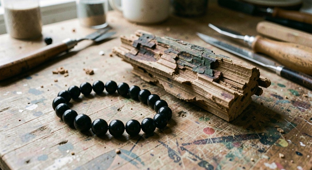 Polished black jet beads and an unworked rough piece of fossil wood laid on a workbench beside small carving tools